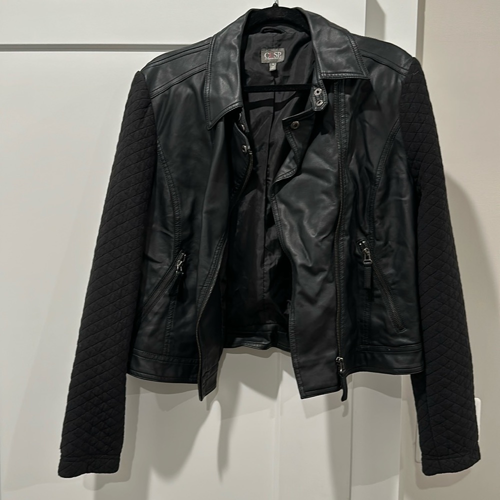 Faux Leather Black Moto Jacket Quilted Sleeves. Large